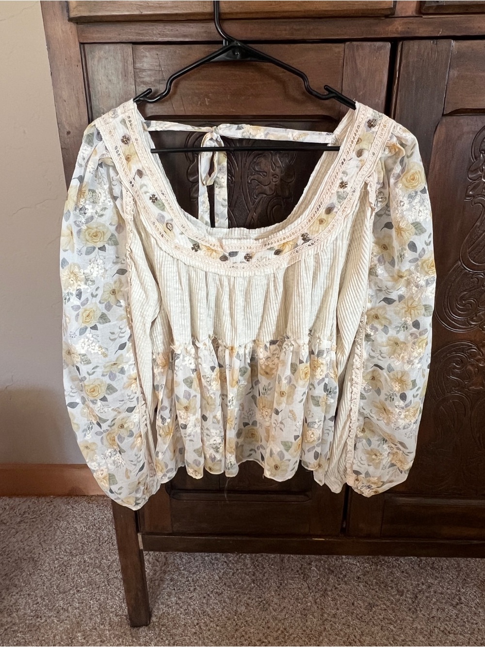 POL Boho Floral Peasant Top - Cream and Yellow